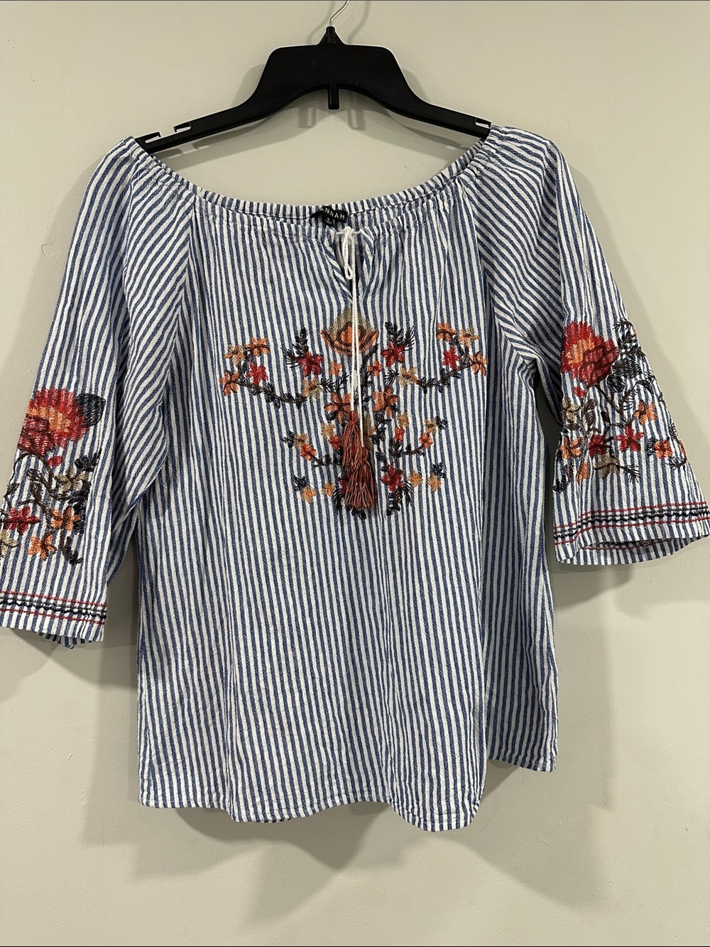 Hannah Blue and White Striped Embroidered Peasant Tunic size S 100% cotton